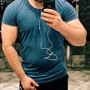 COTTON: ON Blue Swoop Neck Slim Fit Shirt